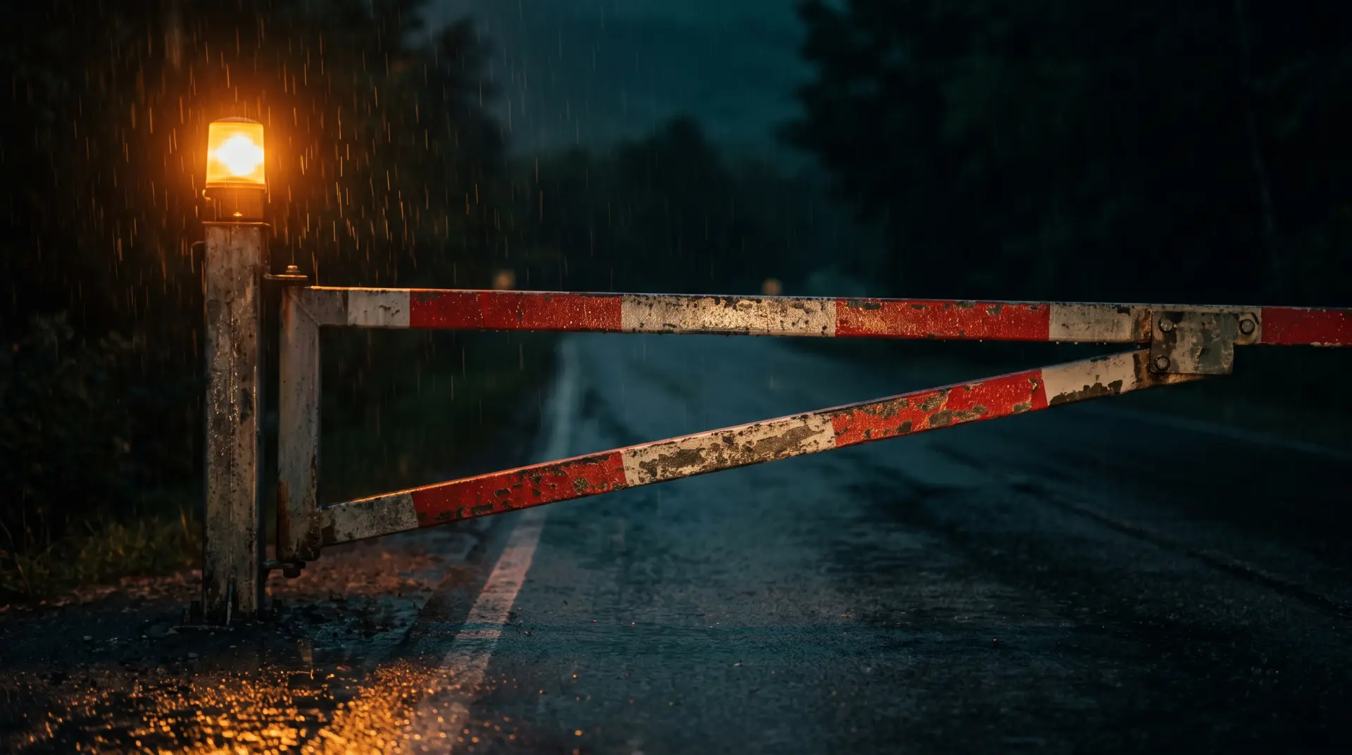 A red and white barrier arm across a wet road at night, lit by one orange lamp.