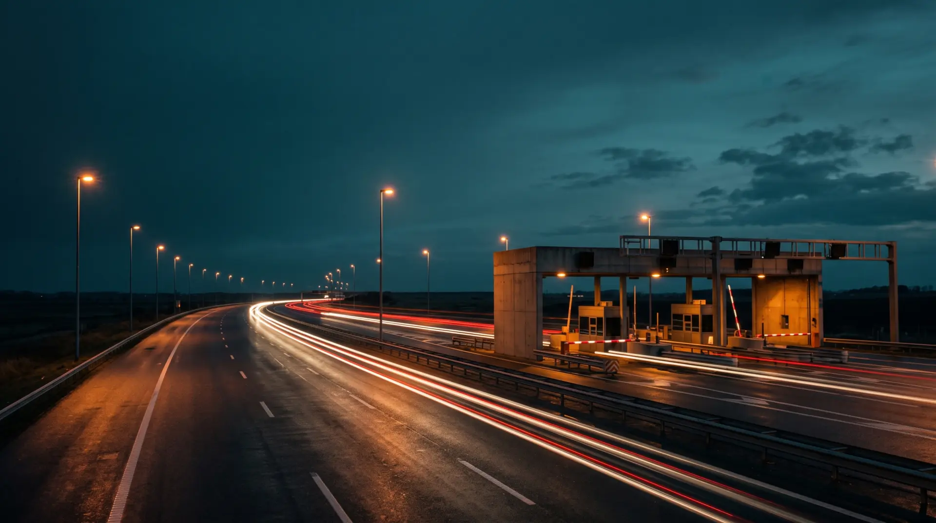 Toll gates at dusk under orange lamps, with the light trails of traffic passing through.