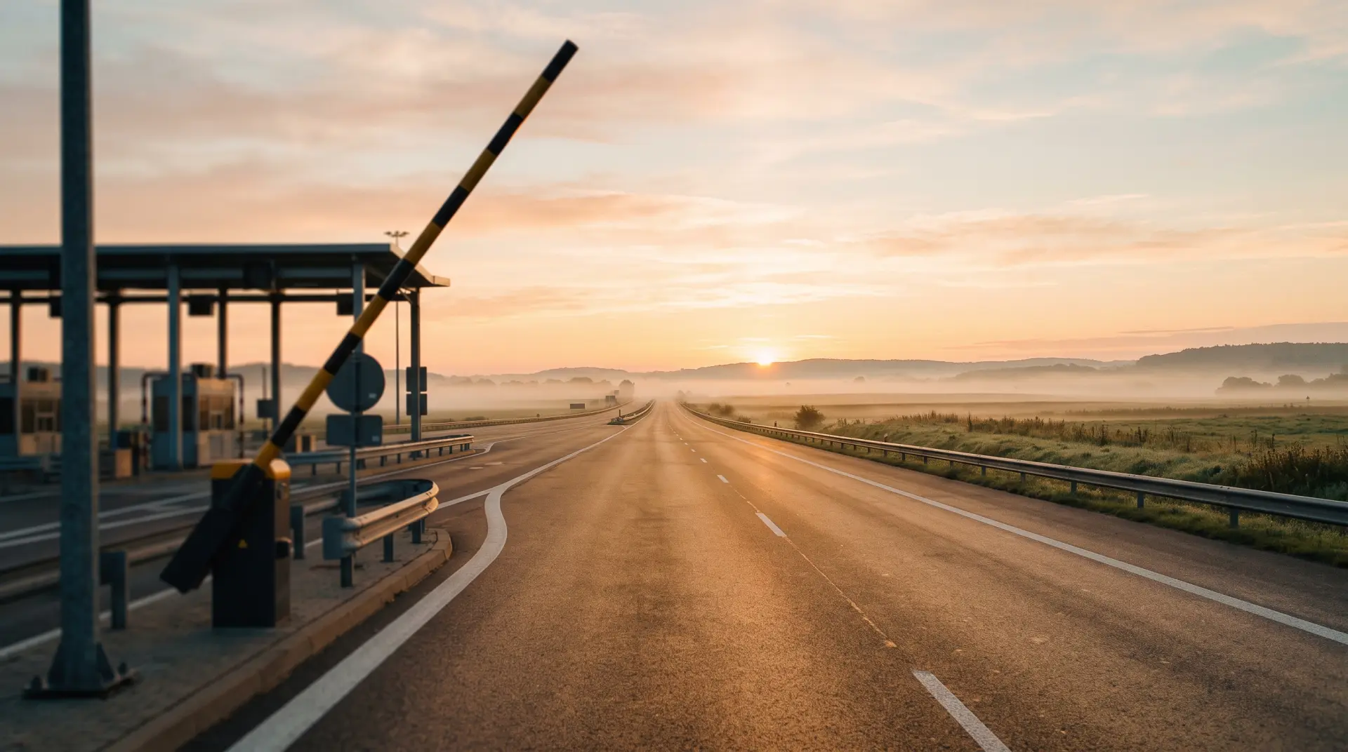 An open toll gate at sunrise with an empty road running toward misty hills.