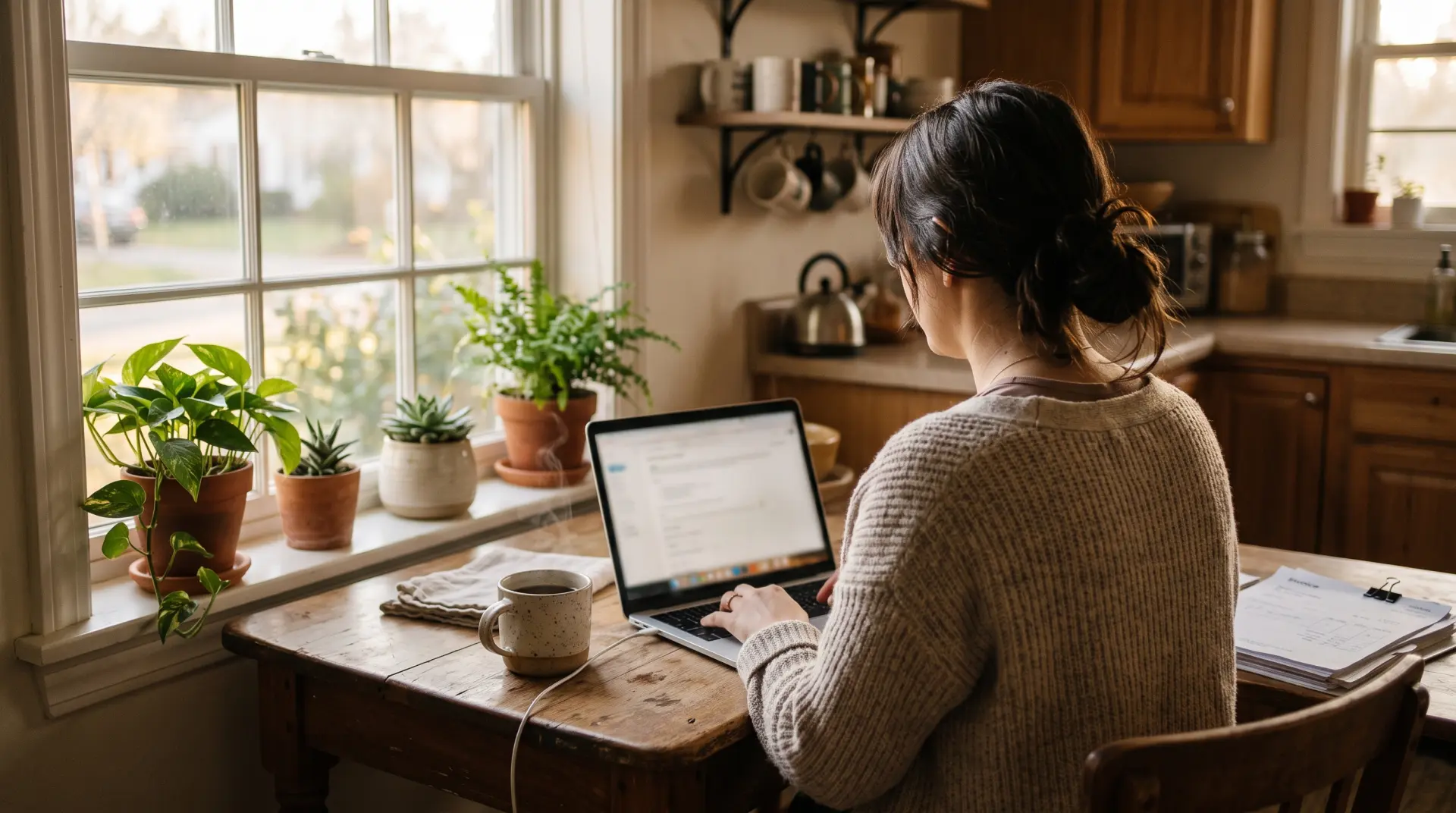 A woman seen from behind, working on a laptop at a kitchen table by a sunny window.