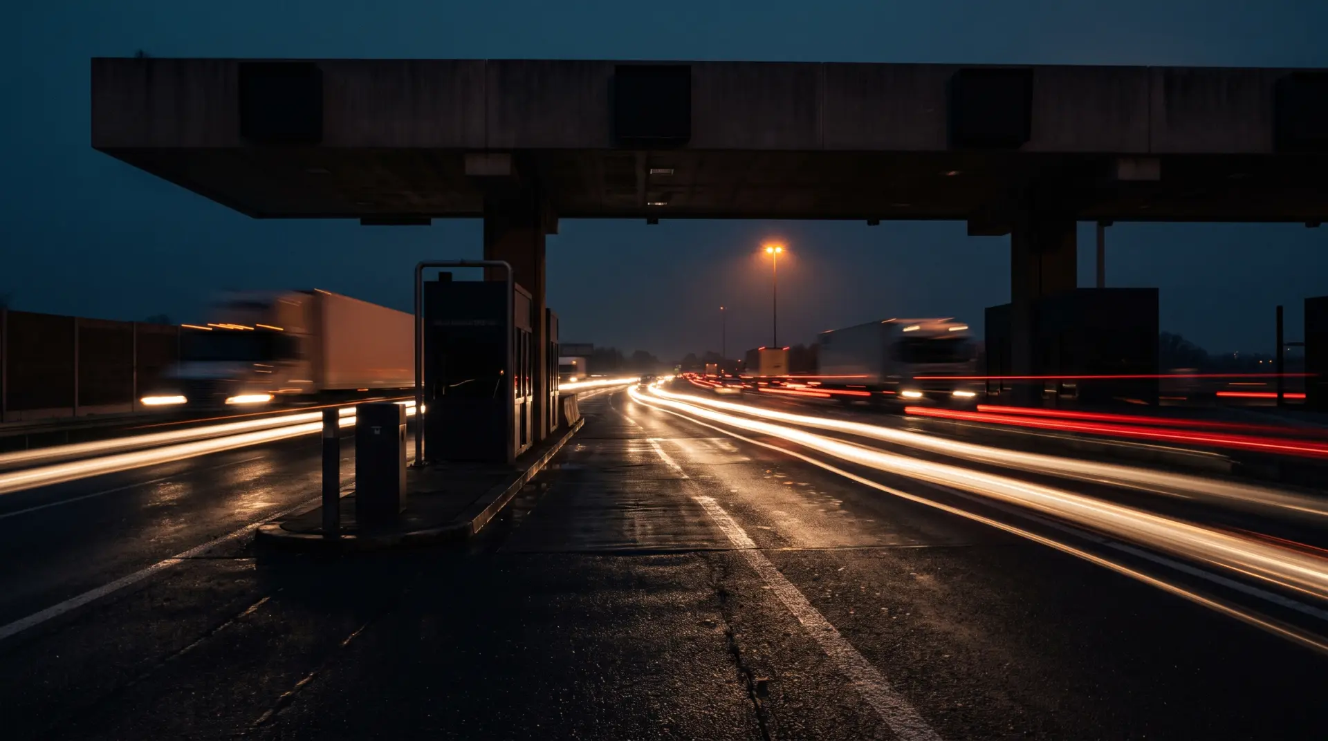 An empty toll lane at night with truck light trails passing in the next lane.