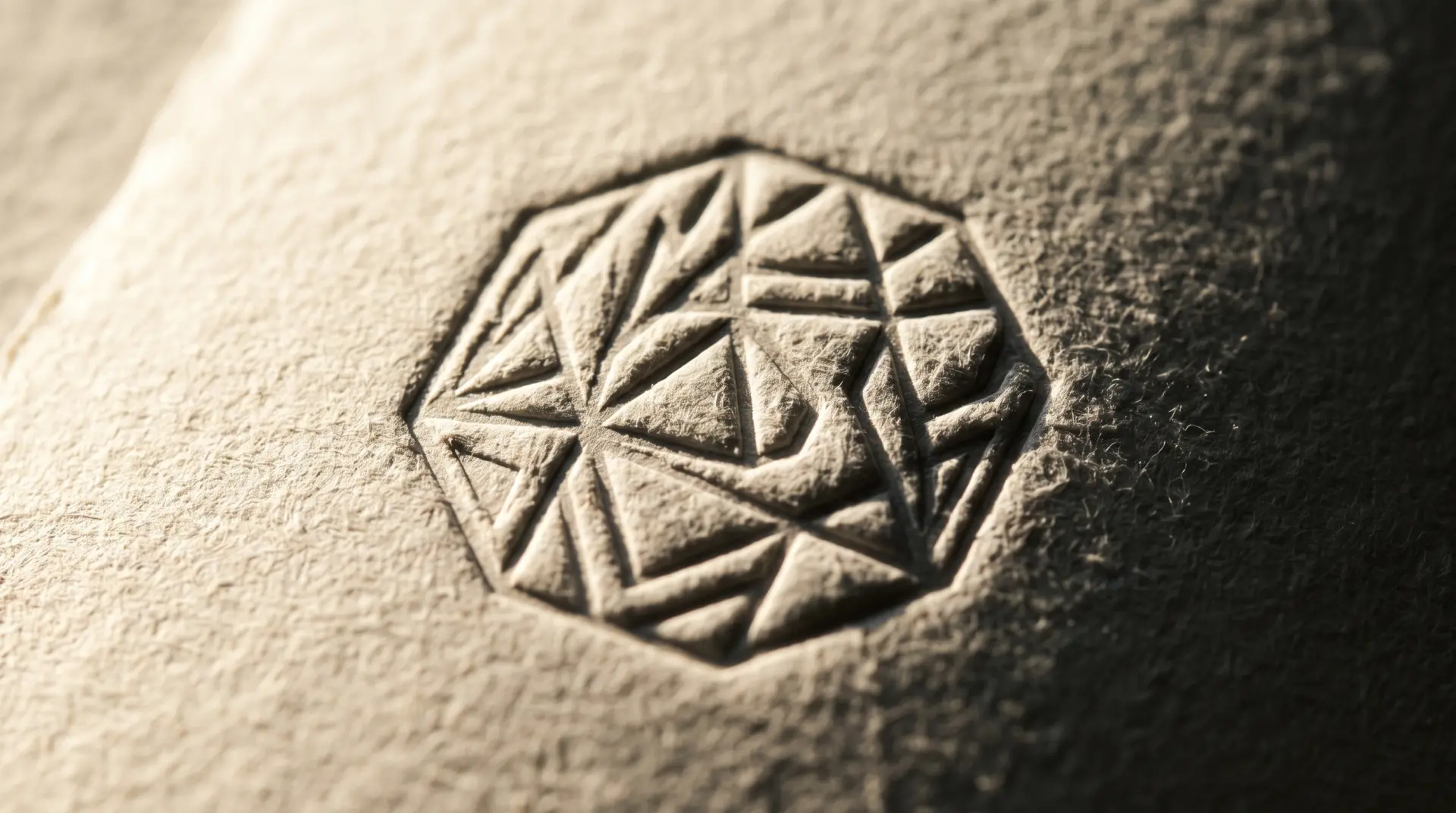 A geometric seal embossed into thick white paper.