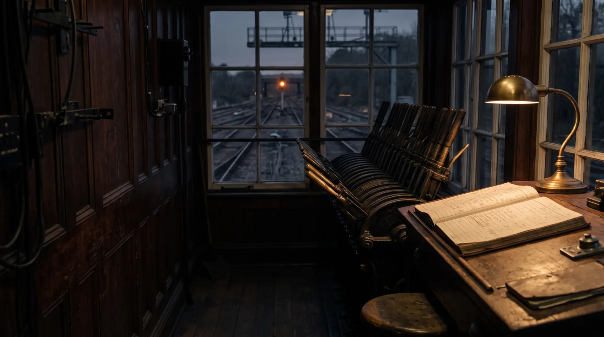 Inside a signal box at dusk: a row of levers, a desk lamp and a logbook, with rail tracks outside the window.